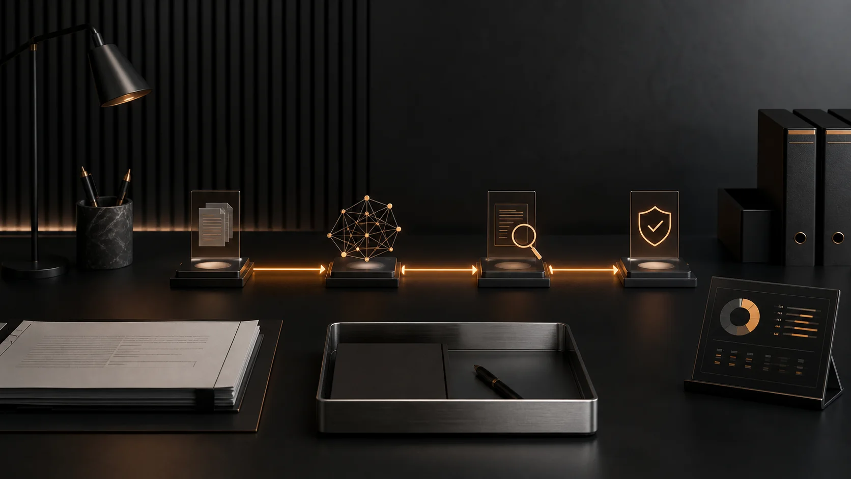 A tactile enterprise workflow showing intake, reasoning, review, and controlled release