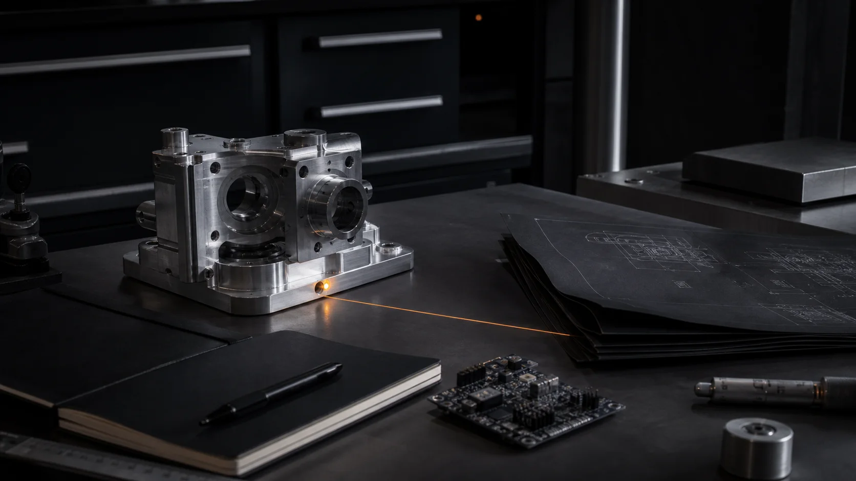 An engineering workbench with a precision prototype, technical drawings, and a circuit board
