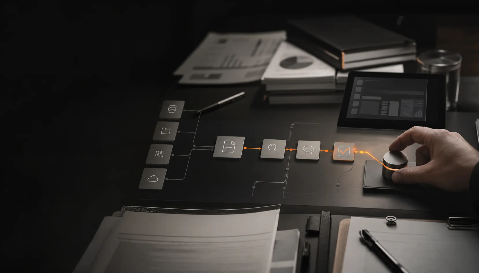 A controlled business workflow connecting data, documents, review, and approval