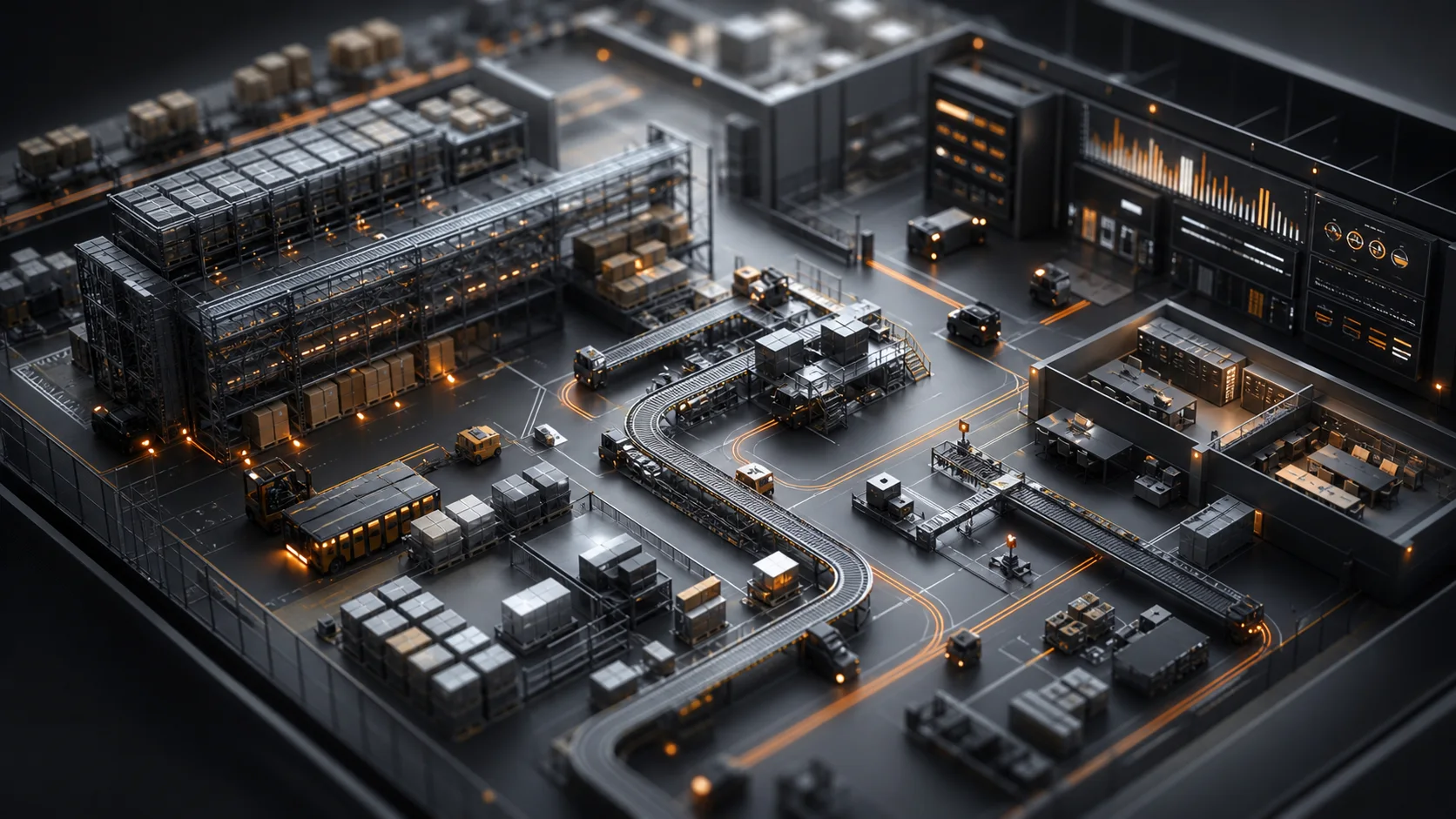 A miniature operations ecosystem with fulfillment paths, warehousing, and resource signals