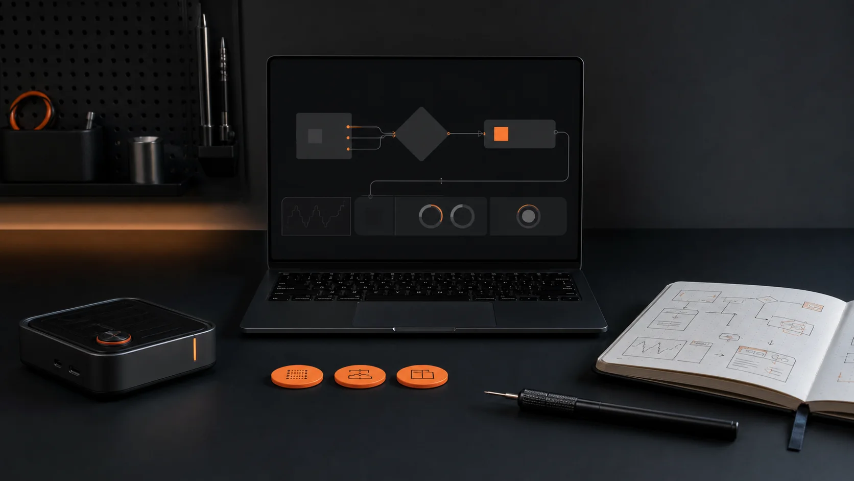 A compact face-free AI prototype workspace with a simple workflow, task markers, and a project notebook