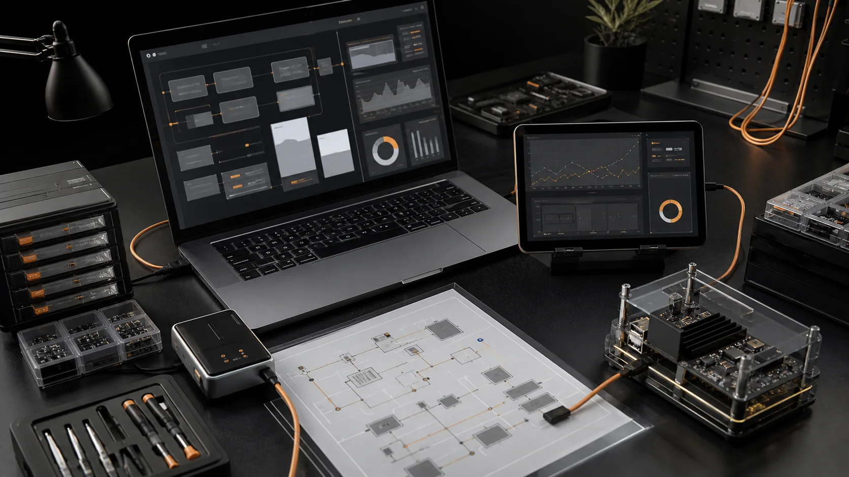 A face-free product build workstation with architecture planning, testing devices, and connected prototype components