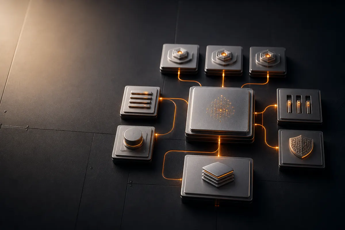 A controlled AI knowledge workspace with connected sources and decision paths