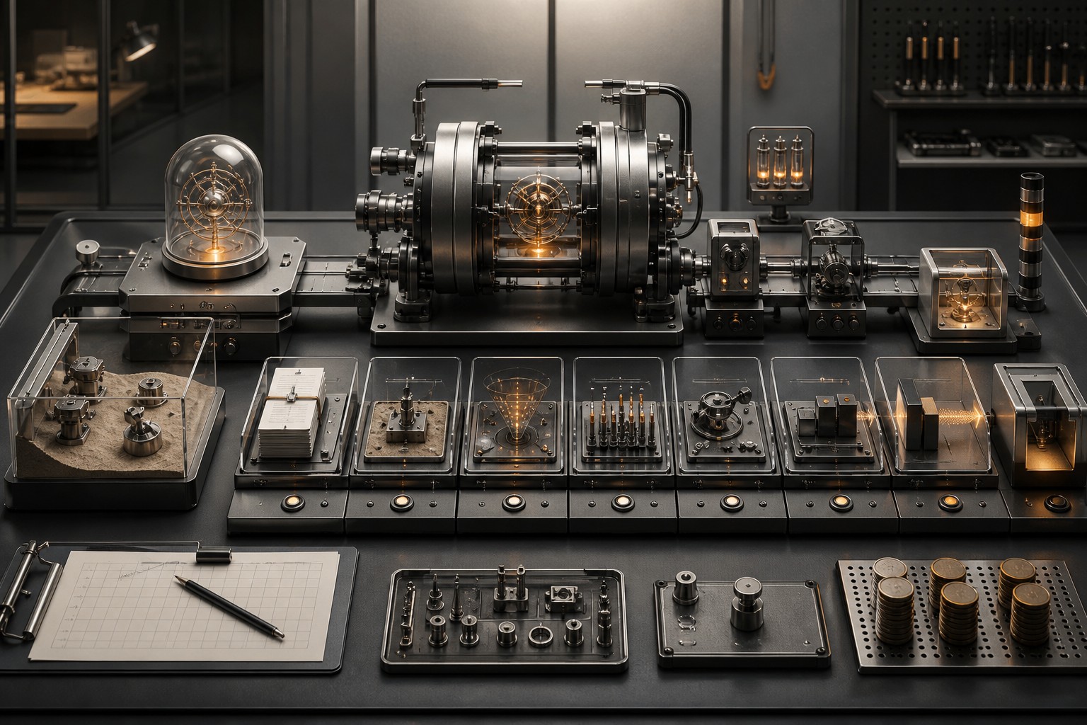 Engineering workbench representing scoped AI-agent development and delivery planning.