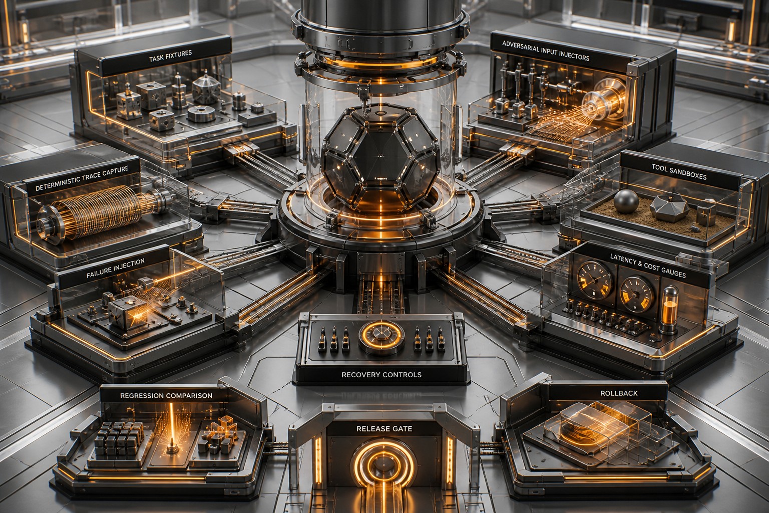 Engineering evaluation system with test fixtures, tool sandboxes, recovery controls, and release gate.
