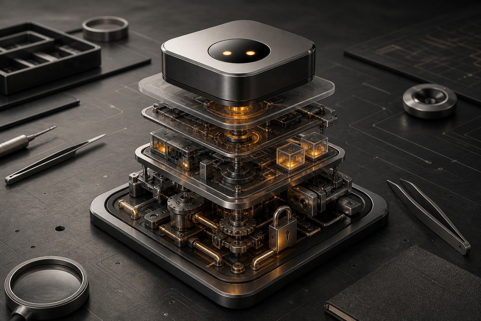 Layered AI agent system with tools, controls, and observable components.